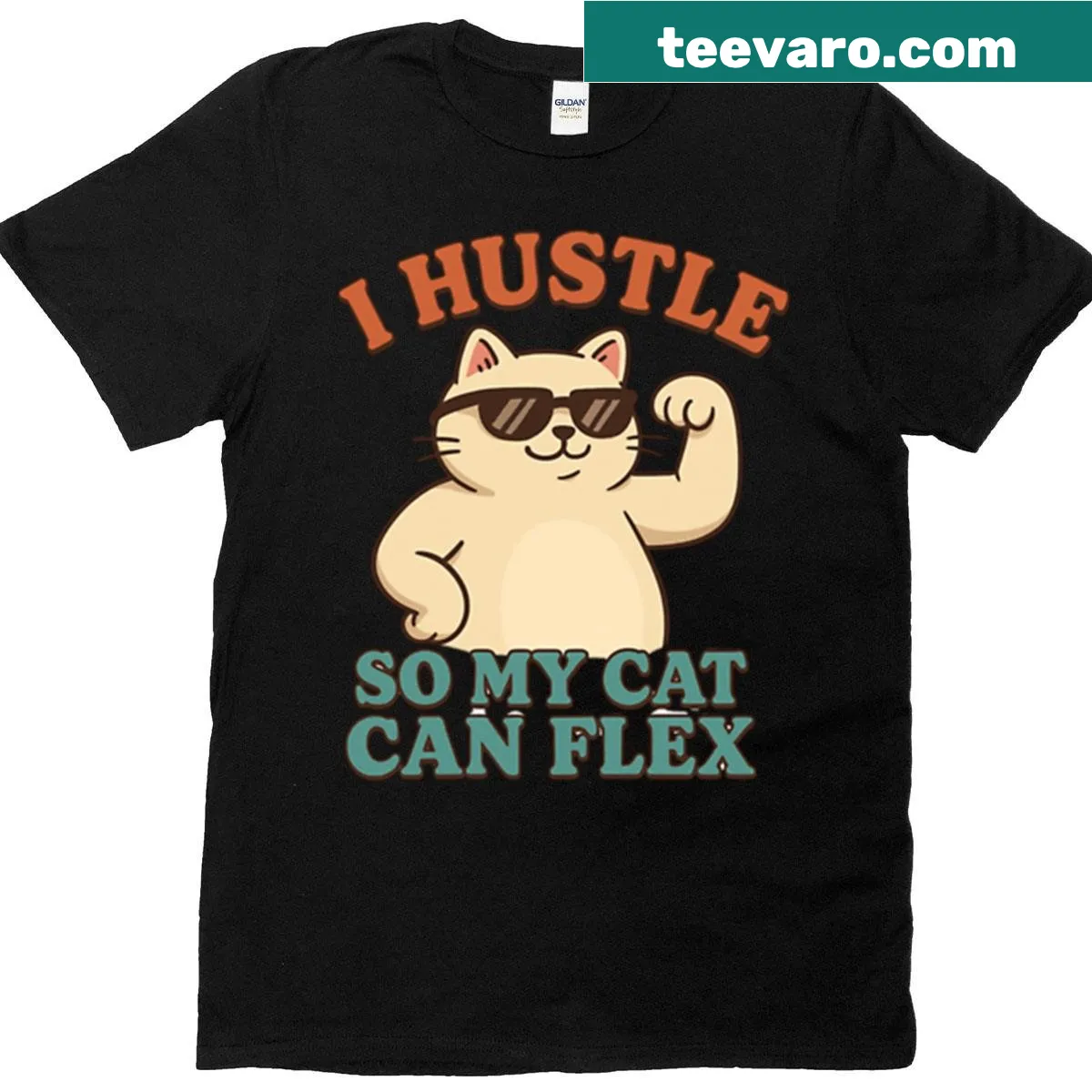 Humorous T-shirt with text about hustling for a cat's luxury. — on a men's t-shirt