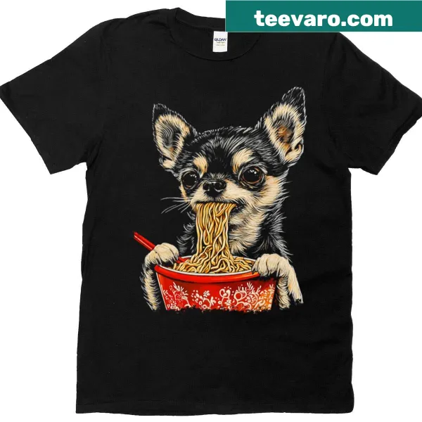 Funny T-shirt featuring an illustration of a Chihuahua eating ramen.