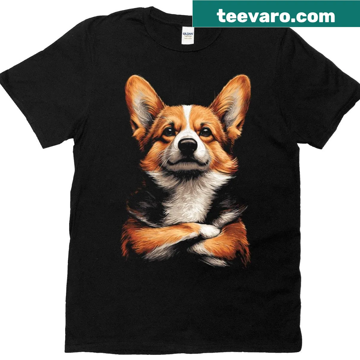 Funny T-shirt featuring a cartoon Corgi design. — on a men's t-shirt