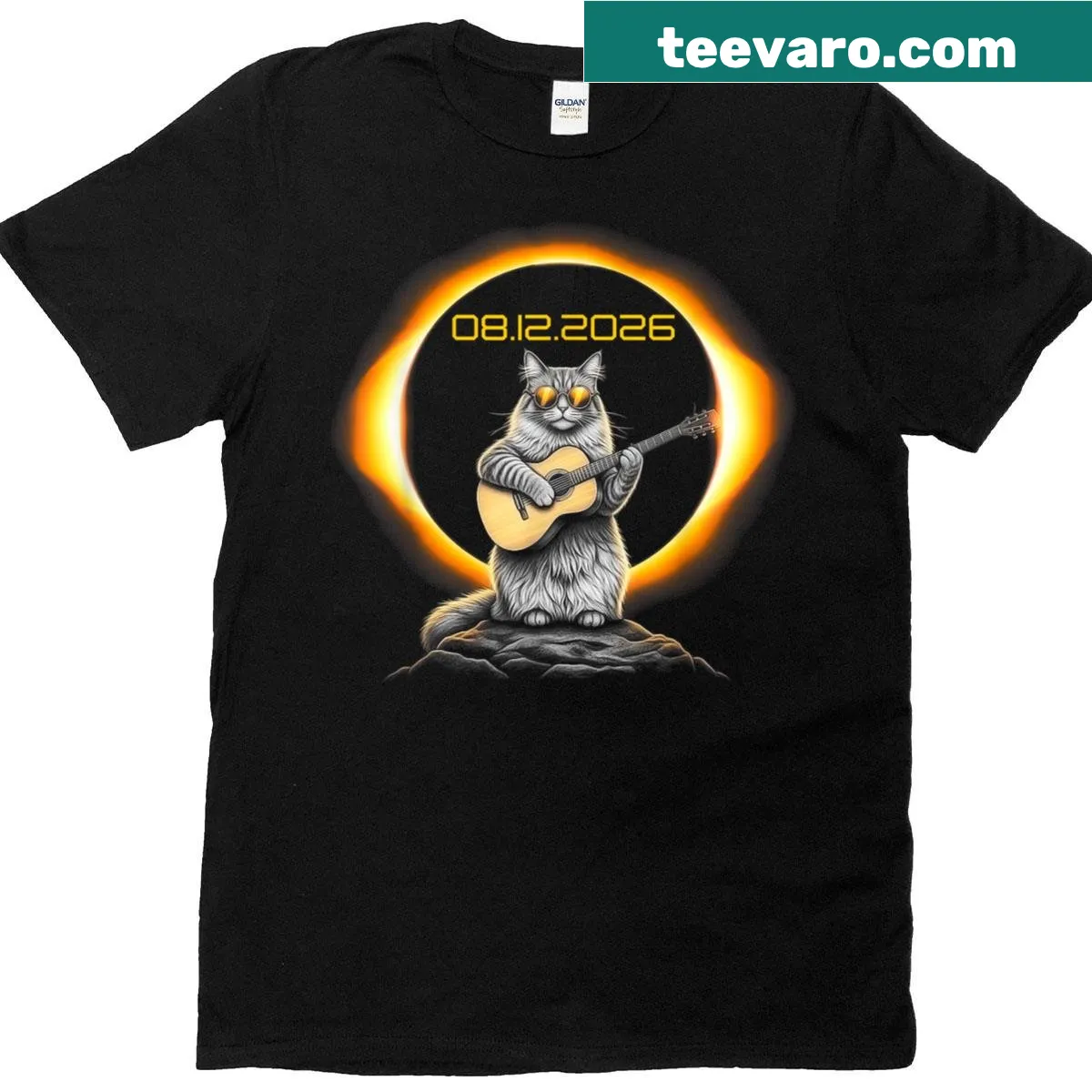 T-shirt featuring a cat playing guitar during a solar eclipse. — on a men's t-shirt