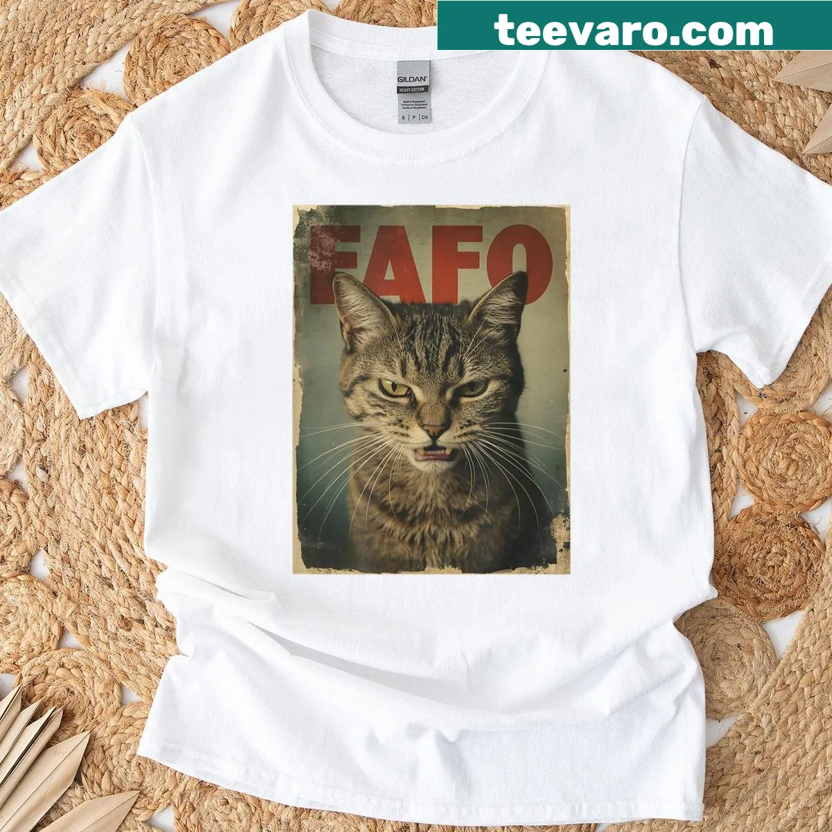 T-shirt featuring an angry cat and funny text — on a men's t-shirt