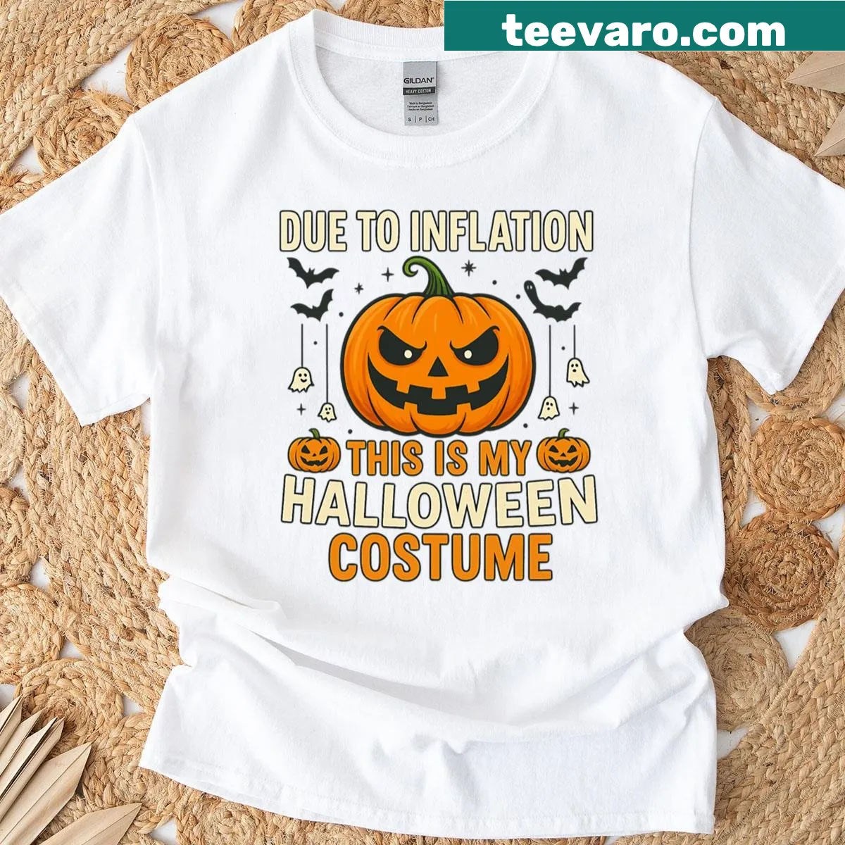 Oversized Halloween T-shirt with inflation joke design — on a men's t-shirt