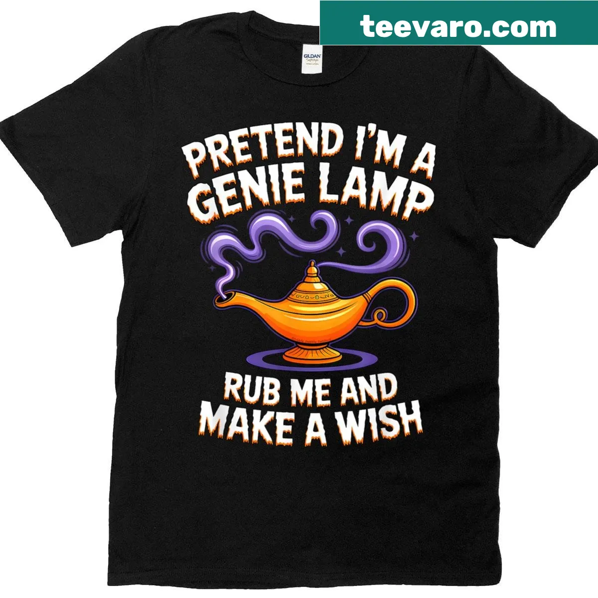 Whimsical genie lamp illustration on a funny Halloween costume shirt — on a men's t-shirt