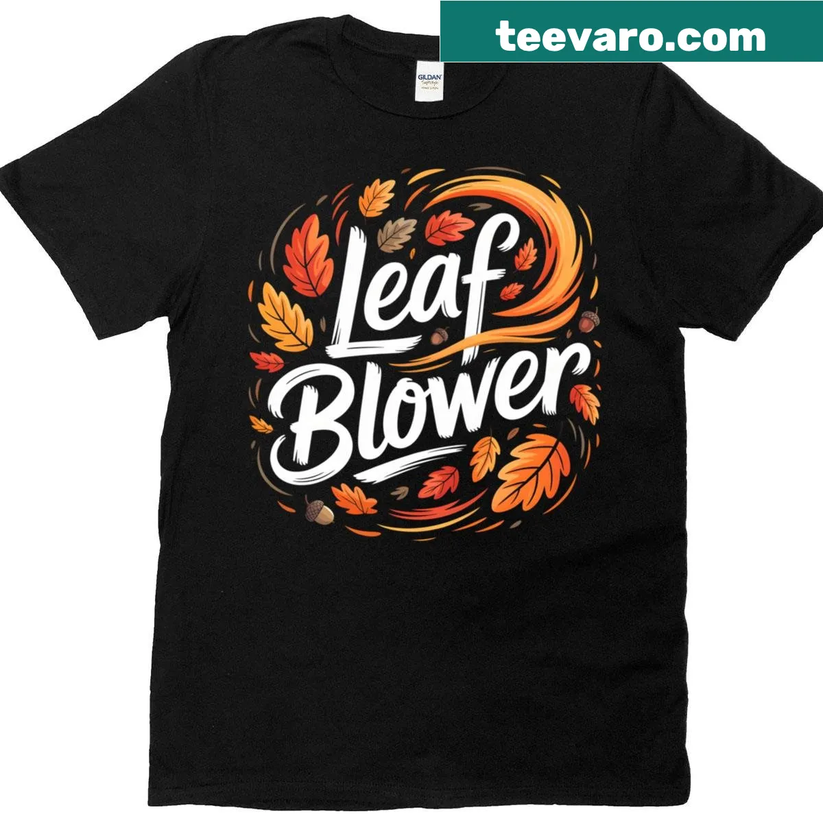 Cartoon squirrel with a leaf blower design for T-shirt — on a men's t-shirt