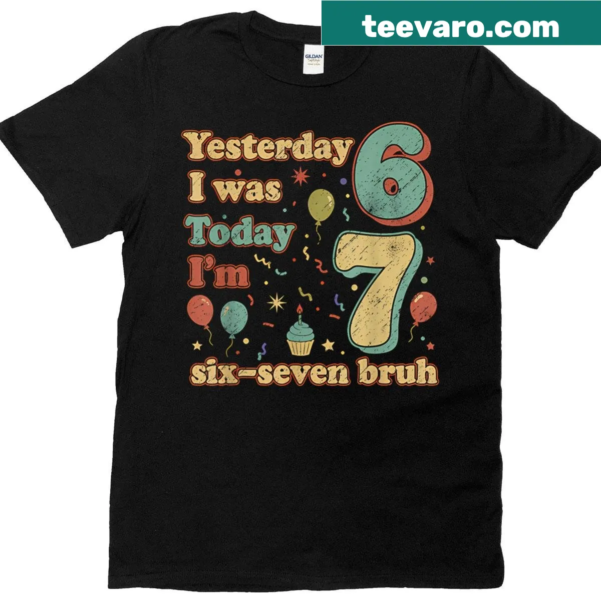 Funny birthday t-shirt for seven year olds with meme design — on a men's t-shirt