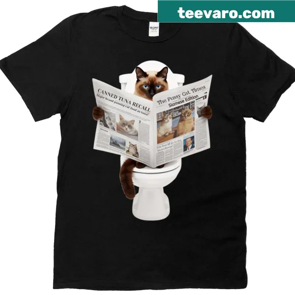 Cartoon of a Siamese cat on the toilet reading a newspaper