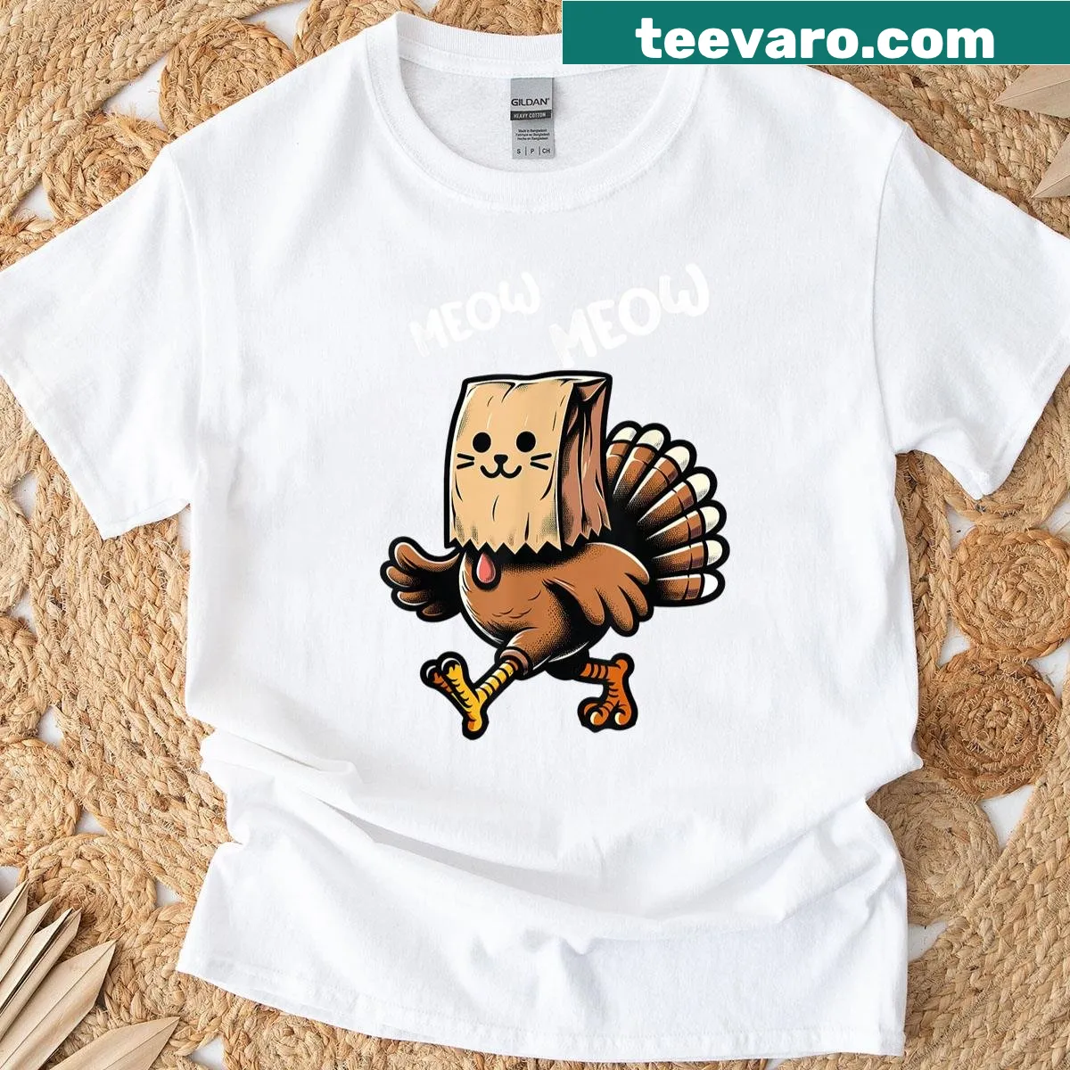 Funny cat by turkey graphic for Thanksgiving — on a men's t-shirt
