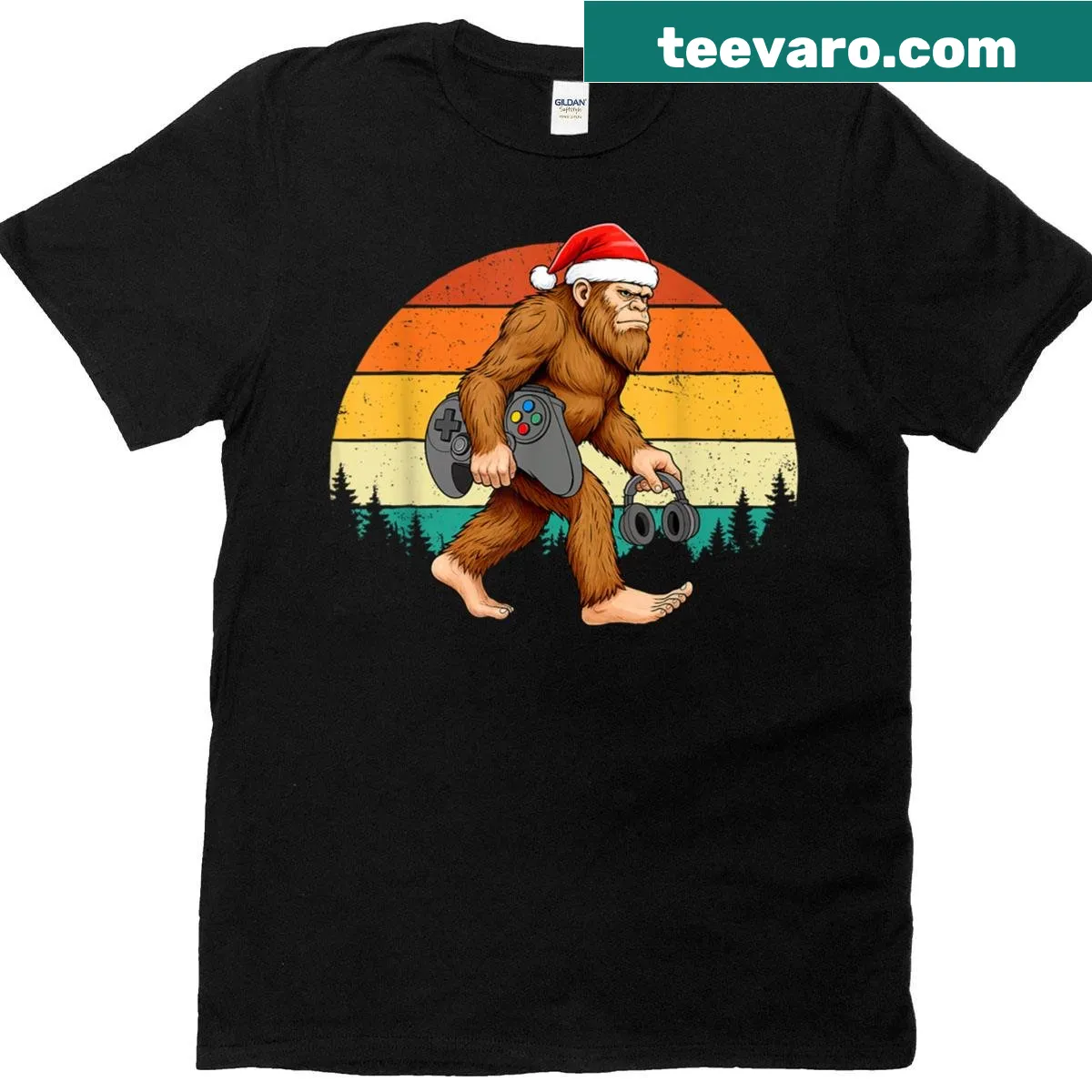 Cartoon T-shirt featuring Bigfoot with a game controller celebrating Christmas — on a men's t-shirt