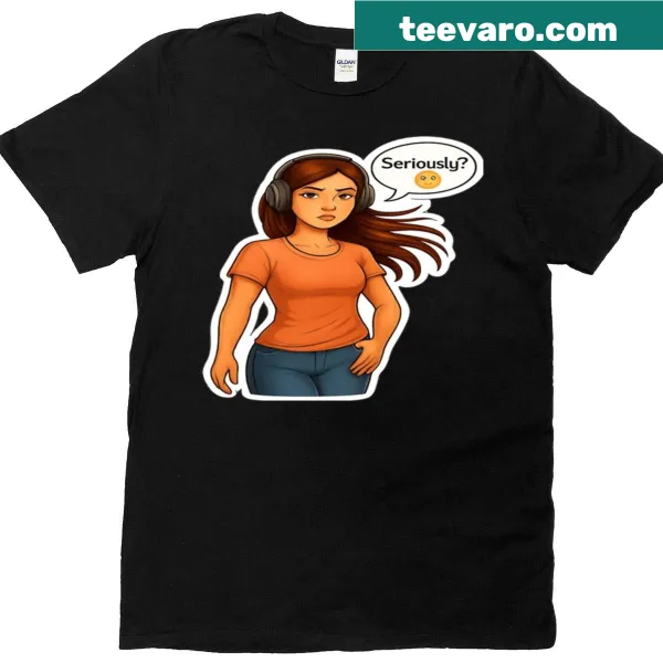Graphic of a girl walking with headphones and serious attitude text