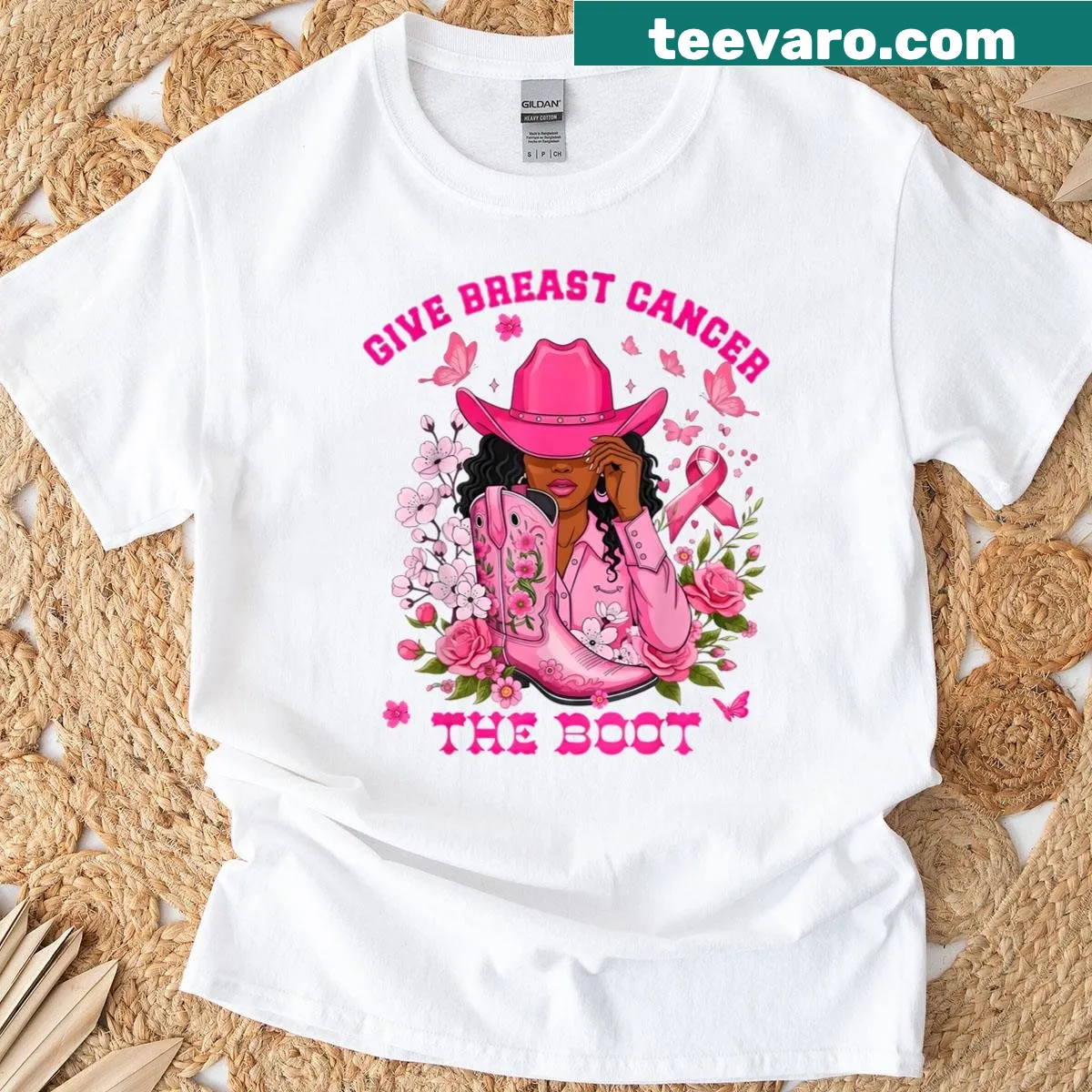 Cowgirl boot graphic with awareness slogan for breast cancer — on a men's t-shirt
