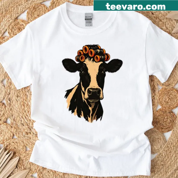 Funny cow in curlers design with humorous text about animal hair salon