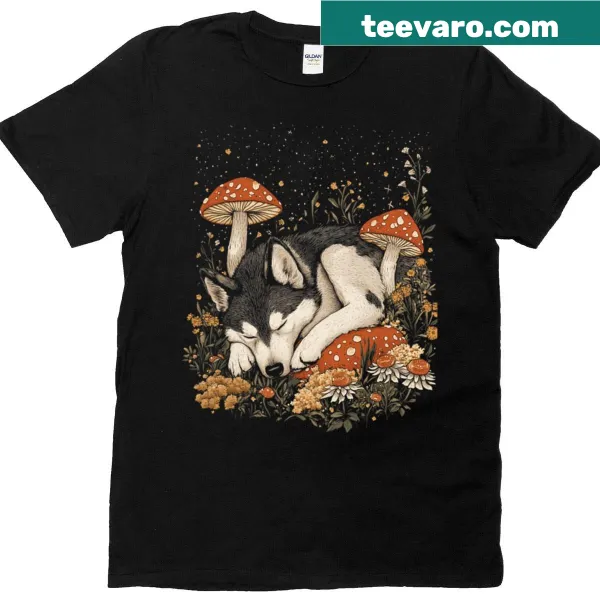 Charming Siberian Husky and mushrooms graphic on a cottagecore t-shirt