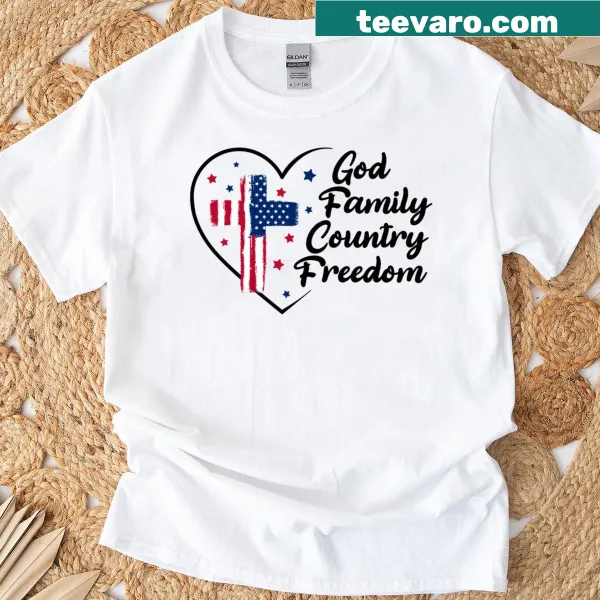 T-shirt features Christian cross with USA flag and family values