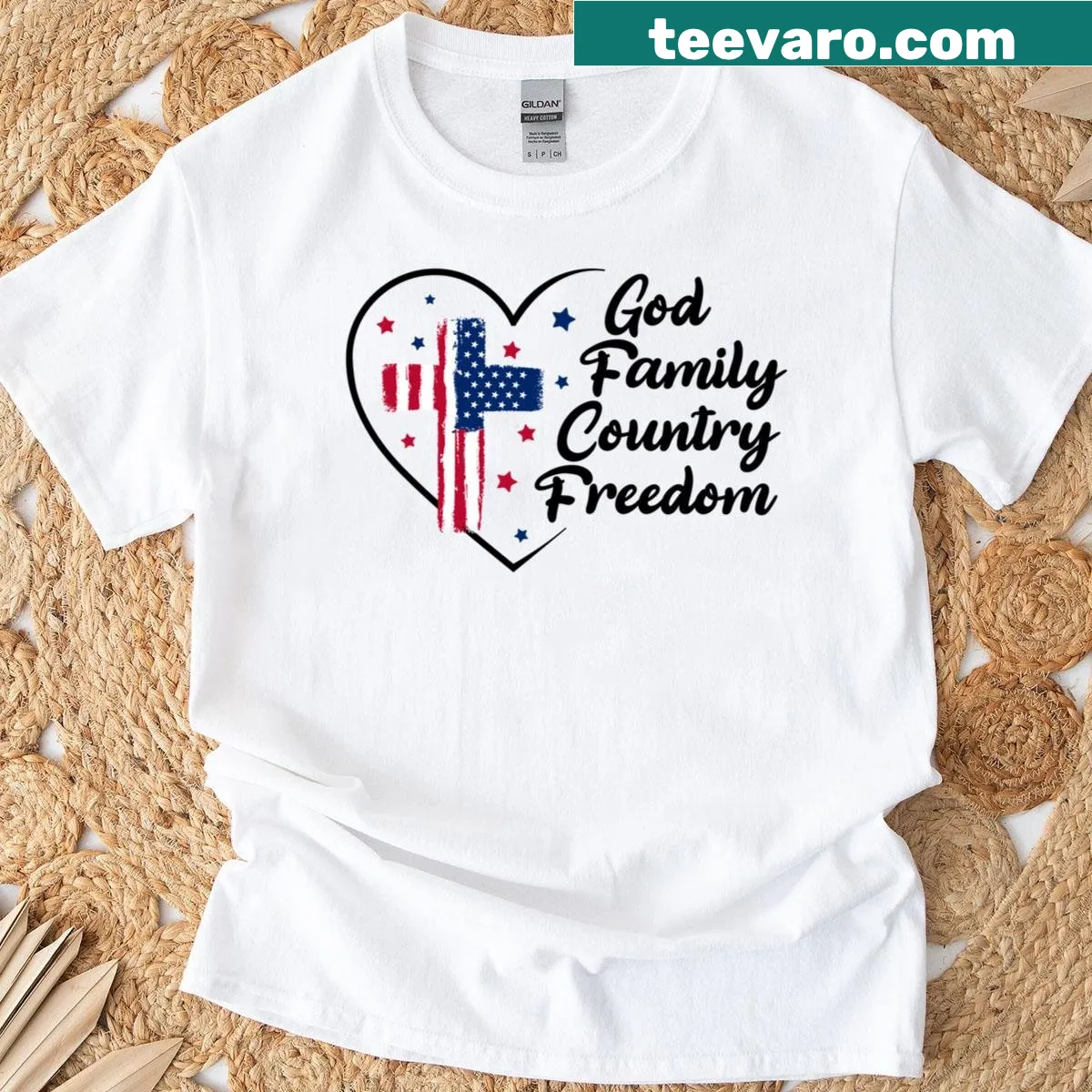 T-shirt features Christian cross with USA flag and family values — on a men's t-shirt