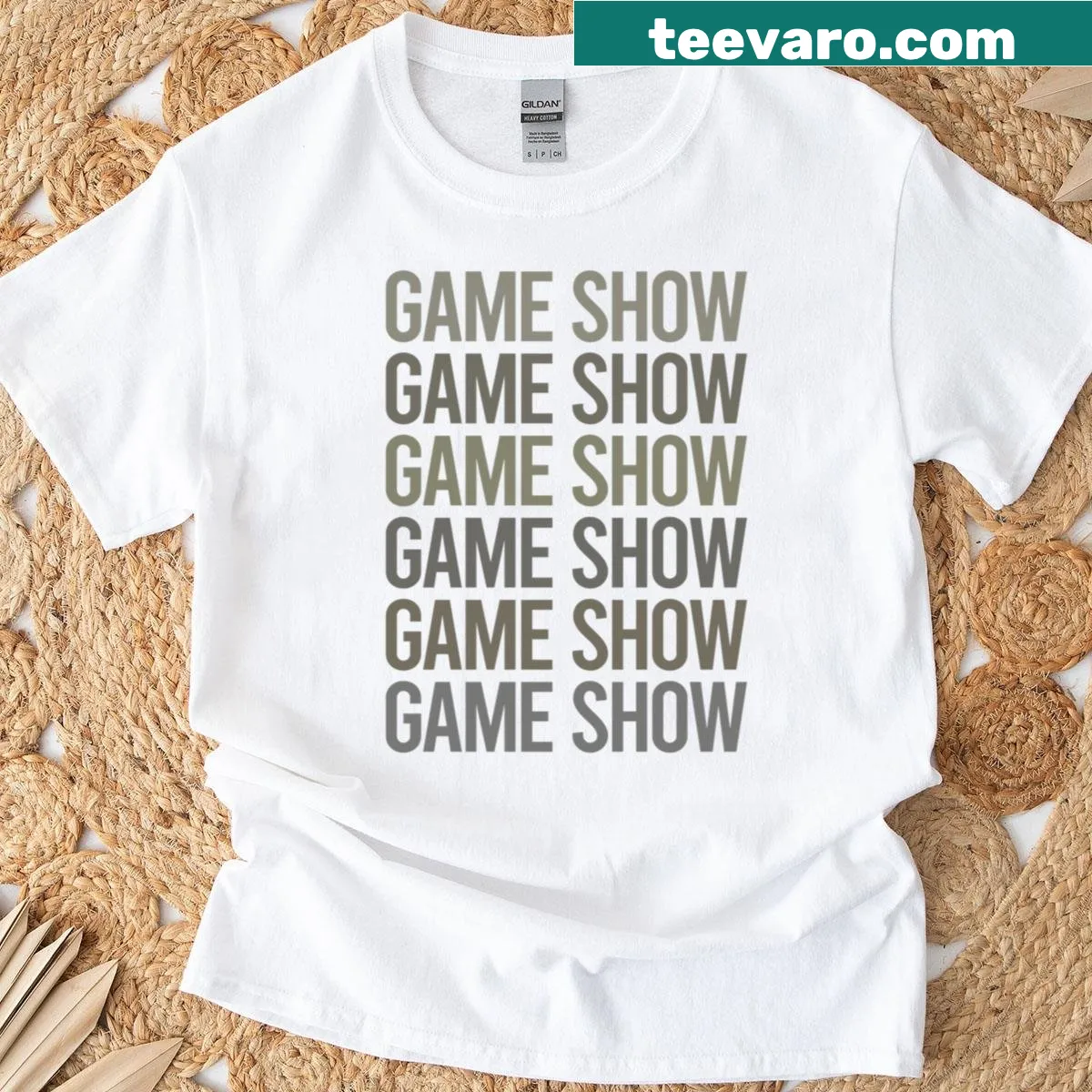 Text art t-shirt featuring references to classic game shows — on a men's t-shirt
