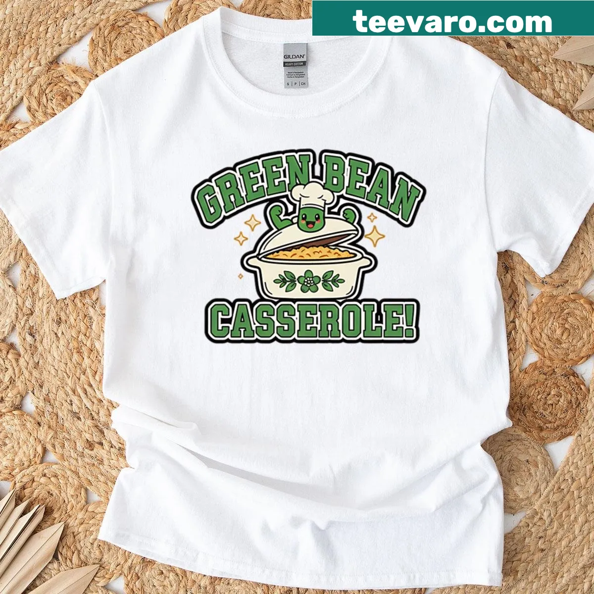 T-shirt with frog illustration and green bean casserole — on a men's t-shirt