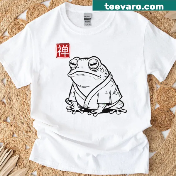 Kawaii grumpy frog in meditative pose with Japanese art style