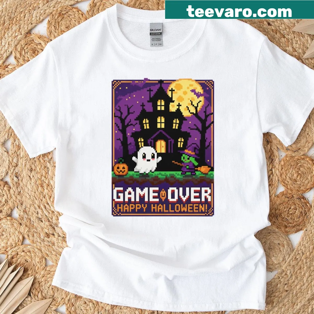 Retro 8-bit Halloween T-shirt with pixelated design — on a men's t-shirt