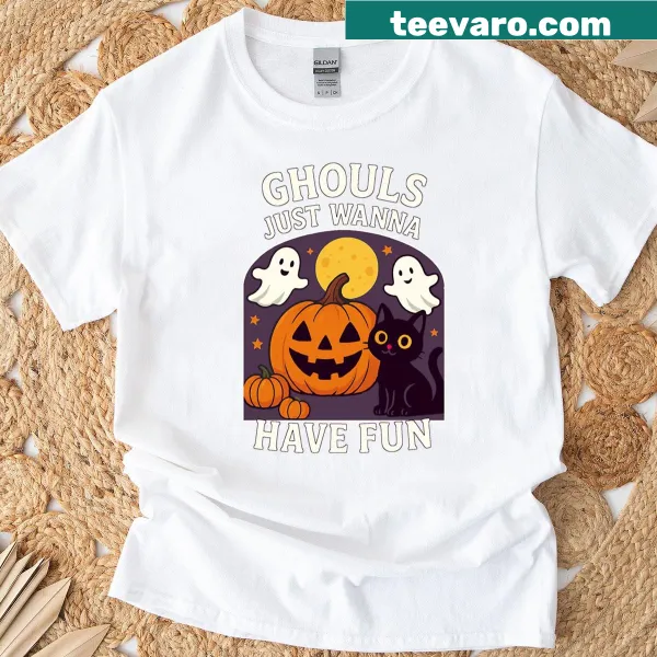 Cute Halloween design with ghouls, ghosts, pumpkins, and a cat