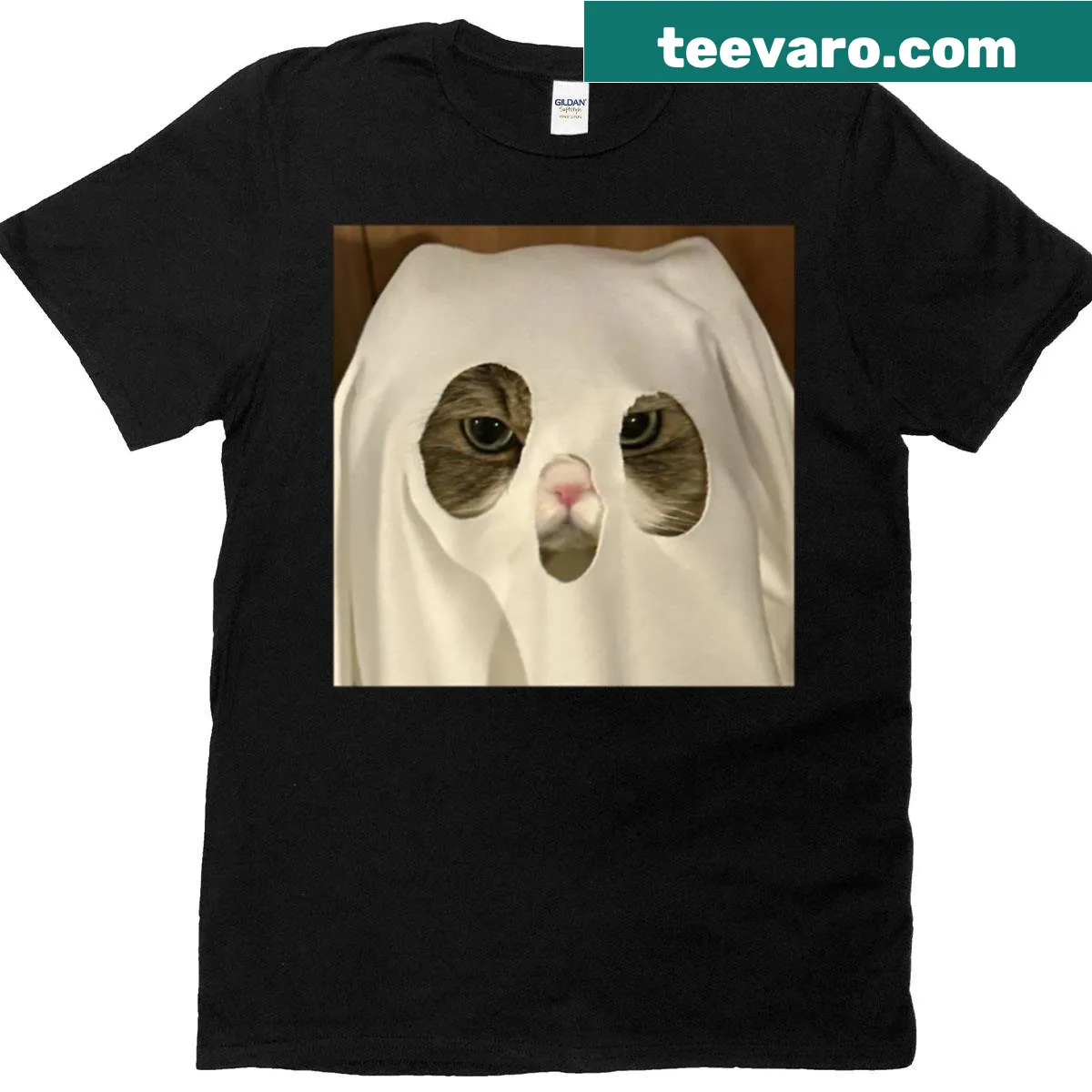 Halloween-themed t-shirt with ghost cat design — on a men's t-shirt
