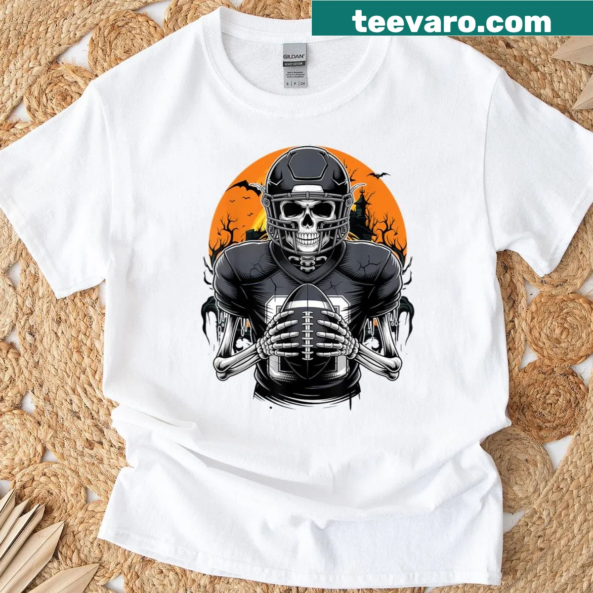 Skeleton football player design with spooky Halloween theme — on a men's t-shirt