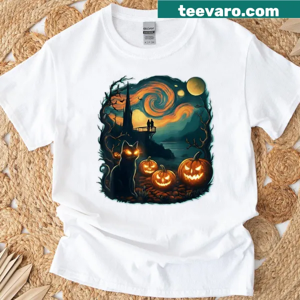 T-shirt with swirling sky, black cat, and pumpkins illustration
