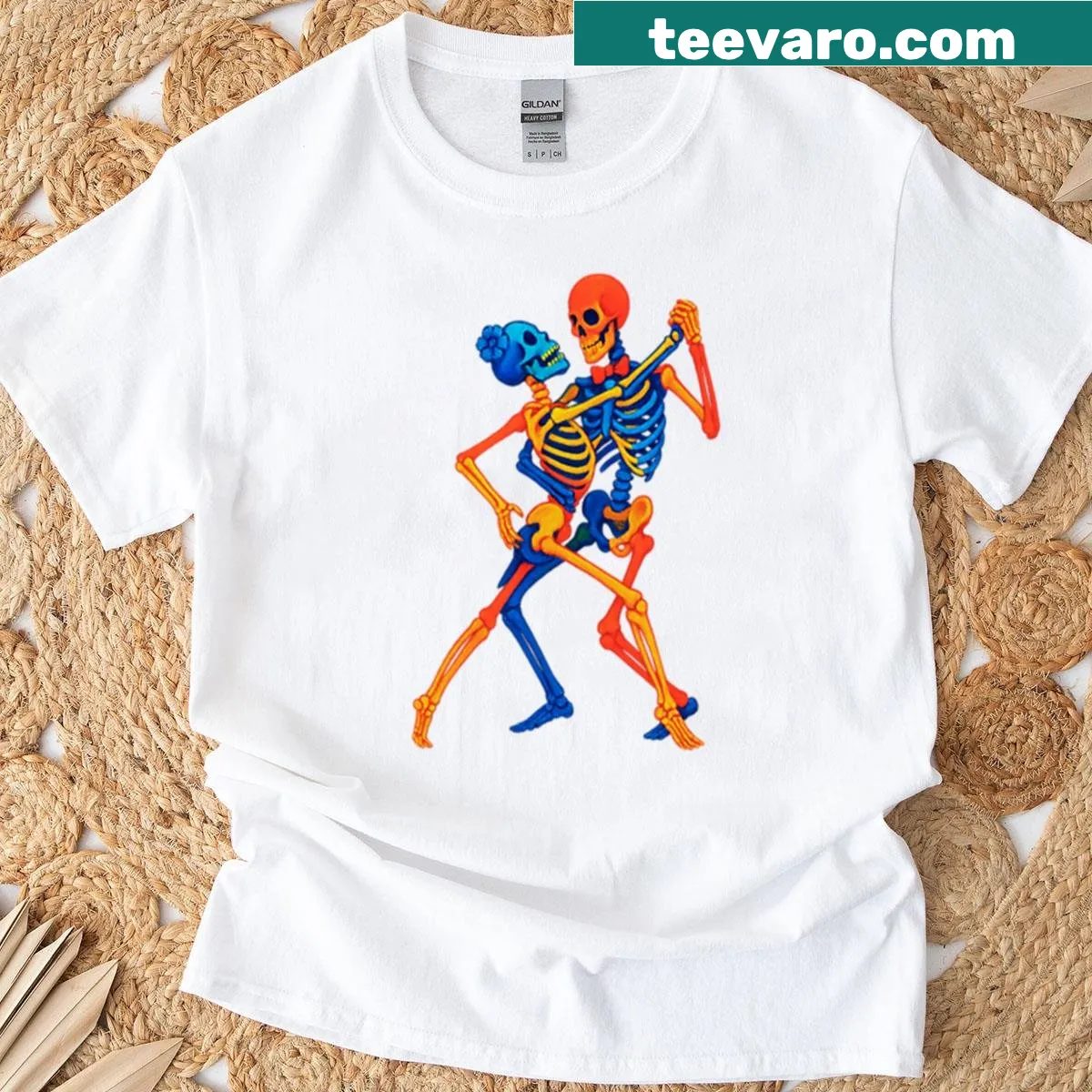 Whimsical Halloween-themed t-shirt with dancing characters — on a men's t-shirt