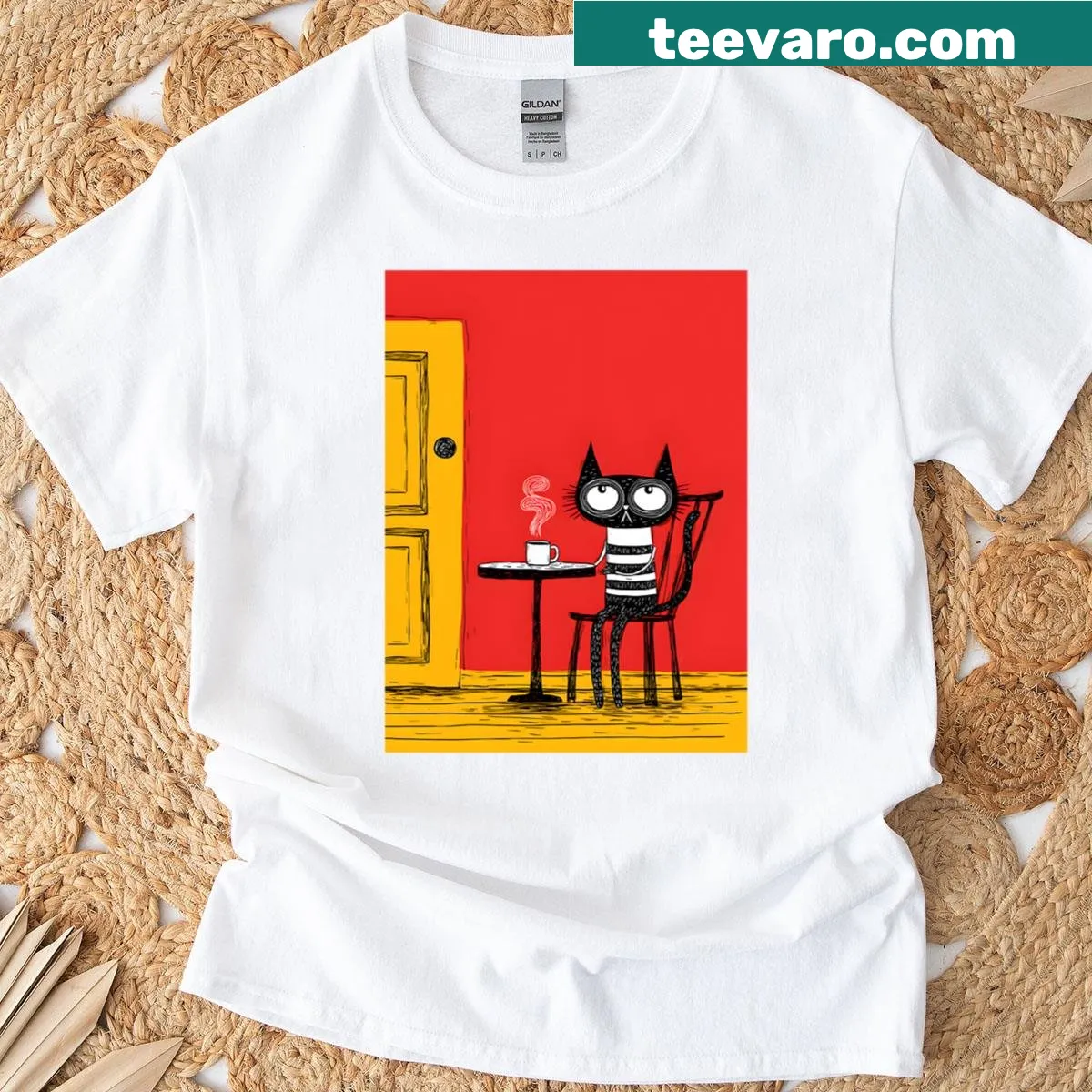 Cute black cat graphic with coffee and playful design — on a men's t-shirt