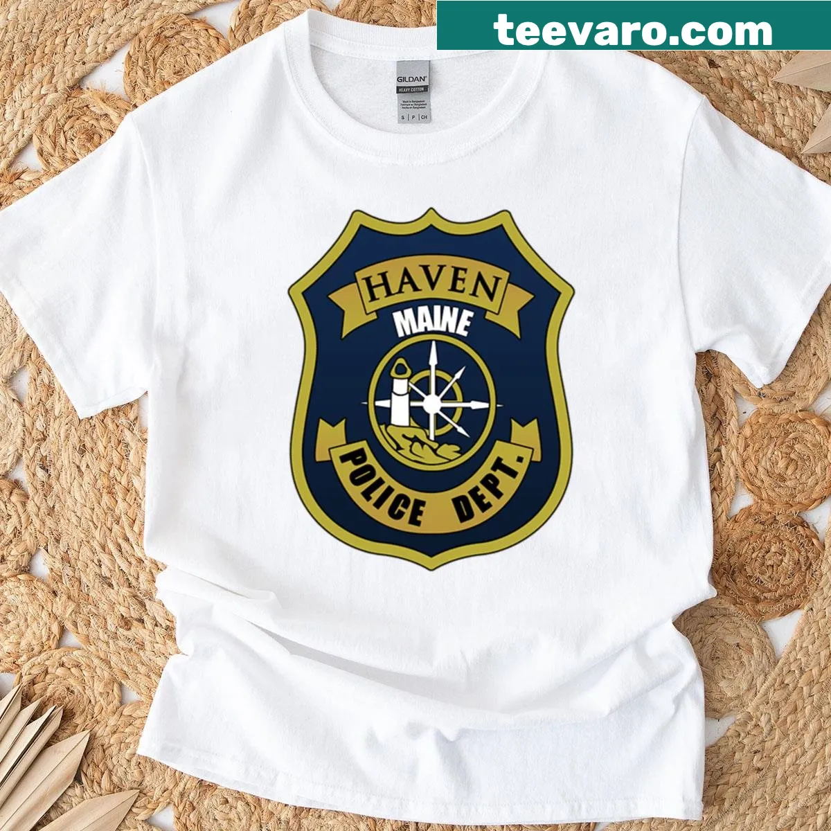 Minimalist T-shirt featuring the phrase 'Haven Pd' — on a men's t-shirt