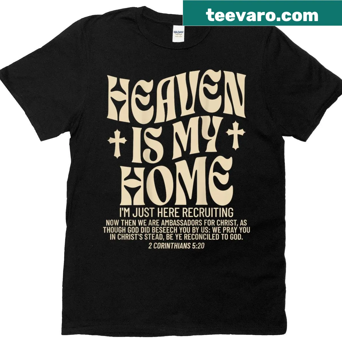 Inspirational text 'Heaven Is My Home' with a cross on the back of a T-shirt — on a men's t-shirt