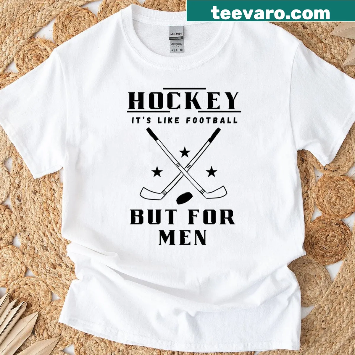 Funny hockey T-shirt stating 'Hockey Its Like Football But For Men' — on a men's t-shirt