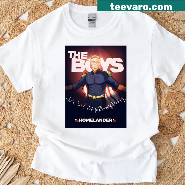 Illustrative design of a superhero inspired by Homelander on a shirt.