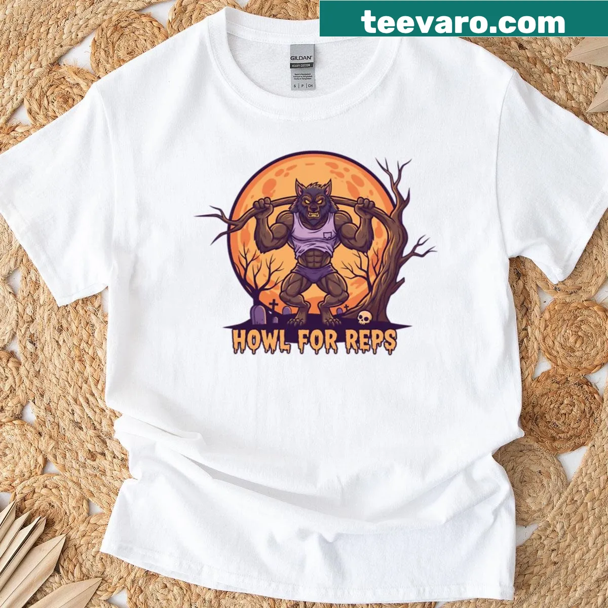 Oversized t-shirt with a werewolf lifting weights for Halloween — on a men's t-shirt