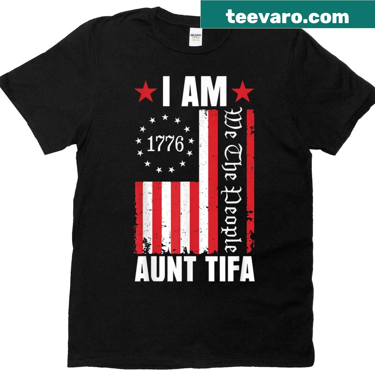 Vintage Aunt Tifa t-shirt with American flag and bold text — on a men's t-shirt