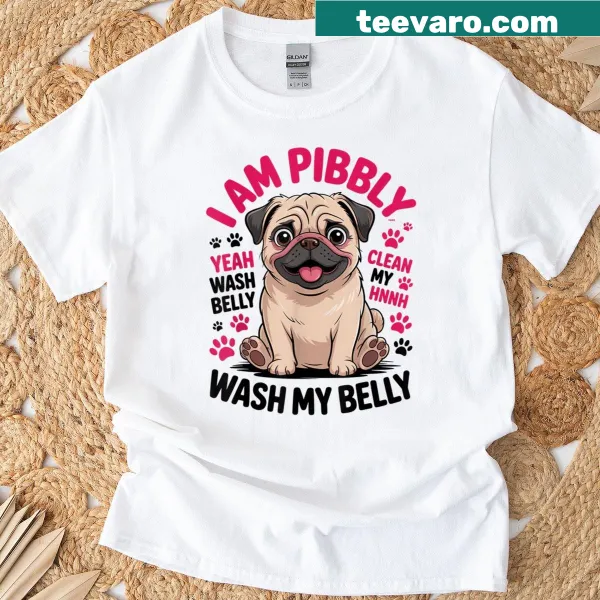 Cartoon t-shirt featuring a Pitbull asking for belly rubs