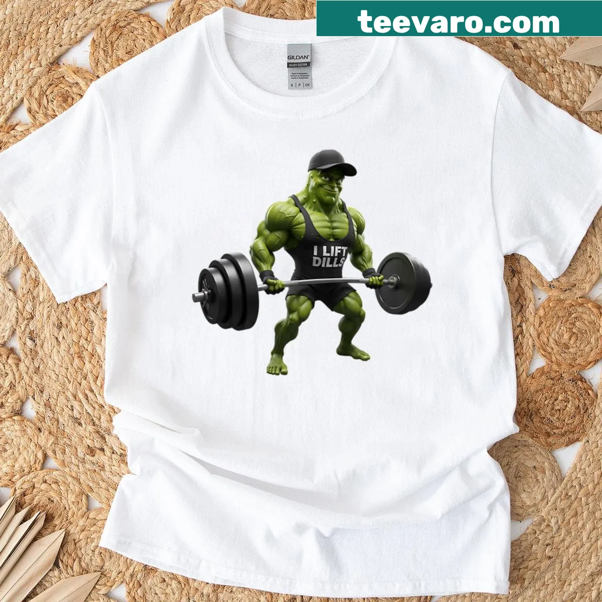 Funny powerlifting T-shirt with 'I Lift Dills' and brine monster graphic — on a men's t-shirt