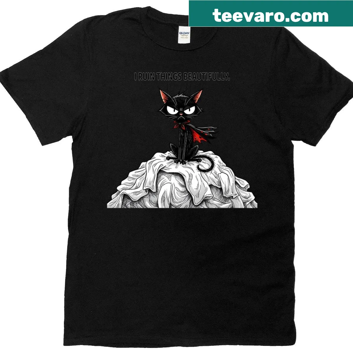 Oversized t-shirt with a grumpy black cat and humorous text — on a men's t-shirt