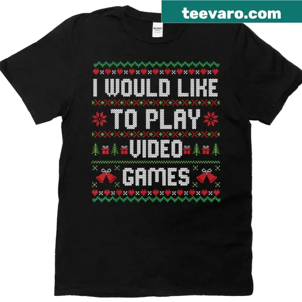 Gaming-themed Christmas t-shirt with playful text about video games