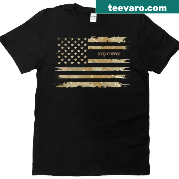 Distressed graphic t-shirt featuring a camo pattern and iced coffee design