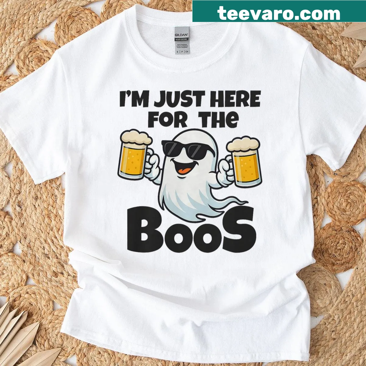 Ghost wearing sunglasses with the text I'm Just Here For The Boos — on a men's t-shirt
