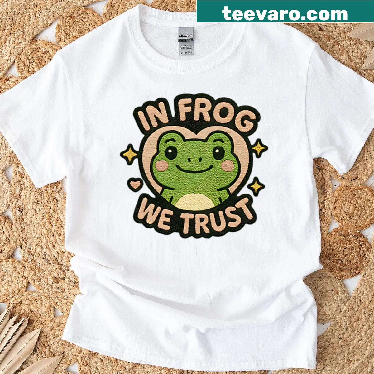Cute frog heart design with In Frog We Trust text — on a men's t-shirt