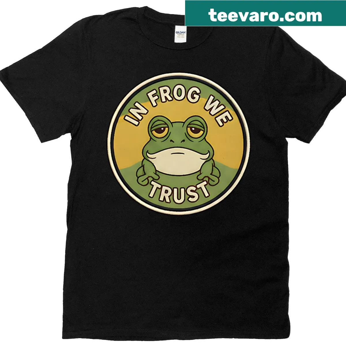 Funny retro T-shirt with frog design and 'In Frog We Trust' text — on a men's t-shirt
