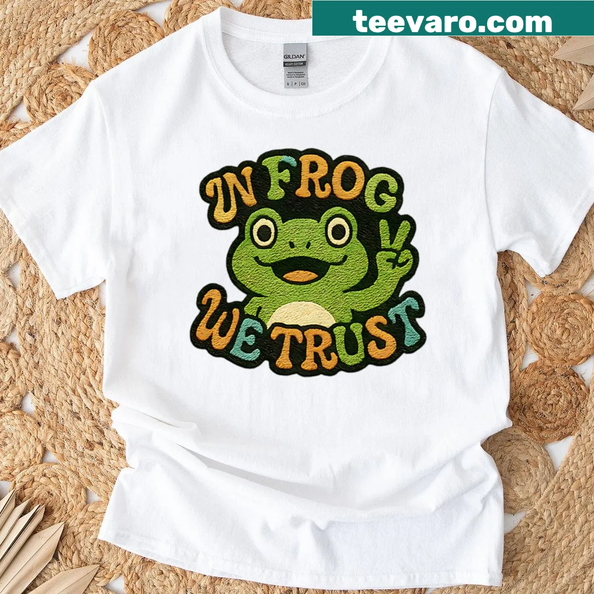 Cute retro frog design with peace sign and 'In Frog We Trust' text — on a men's t-shirt