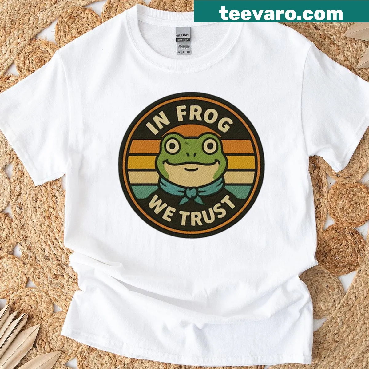 Retro frog badge design with In Frog We Trust text — on a men's t-shirt