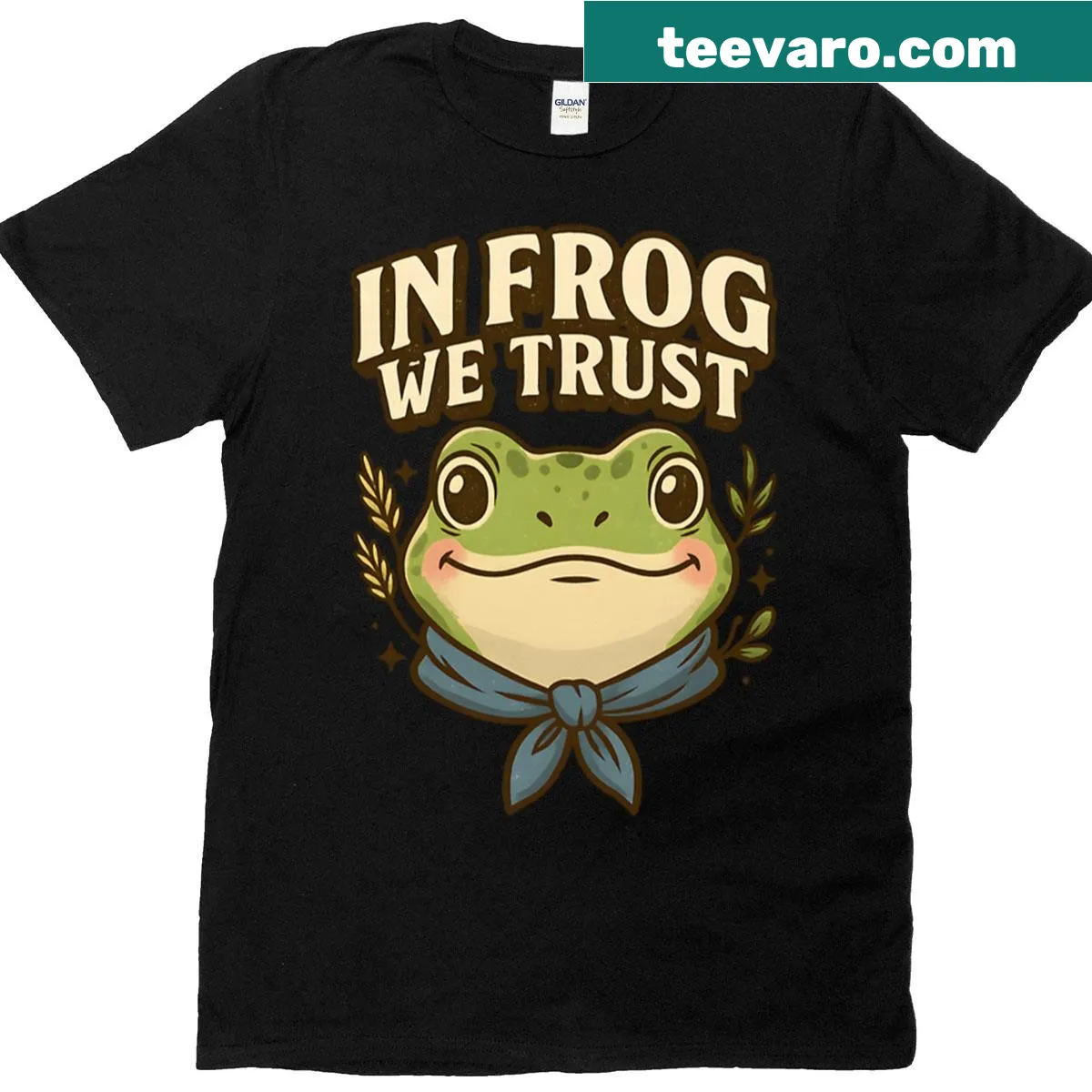 Whimsical frog graphic with blue neckerchief and playful slogan on T-shirt — on a men's t-shirt