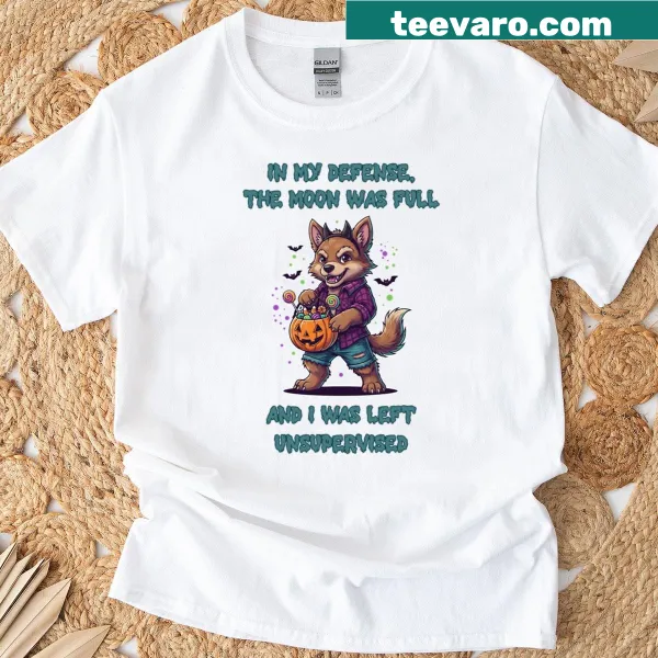 Cute werewolf graphic with humorous text about the moon on a t-shirt