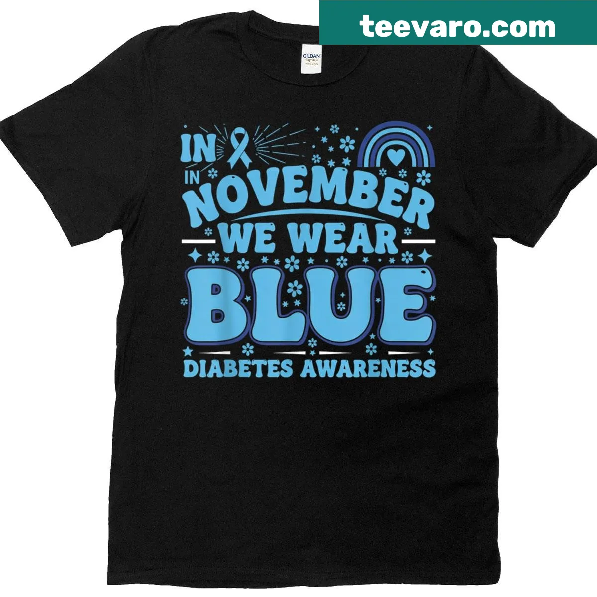 T-shirt with blue diabetes awareness ribbon design — on a men's t-shirt