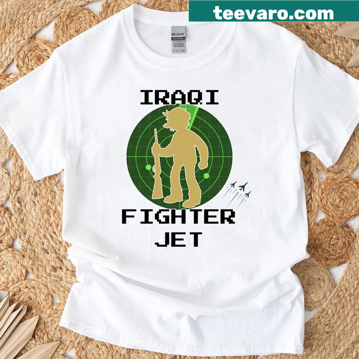 Humorous t-shirt featuring an Iraqi fighter jet graphic — on a men's t-shirt