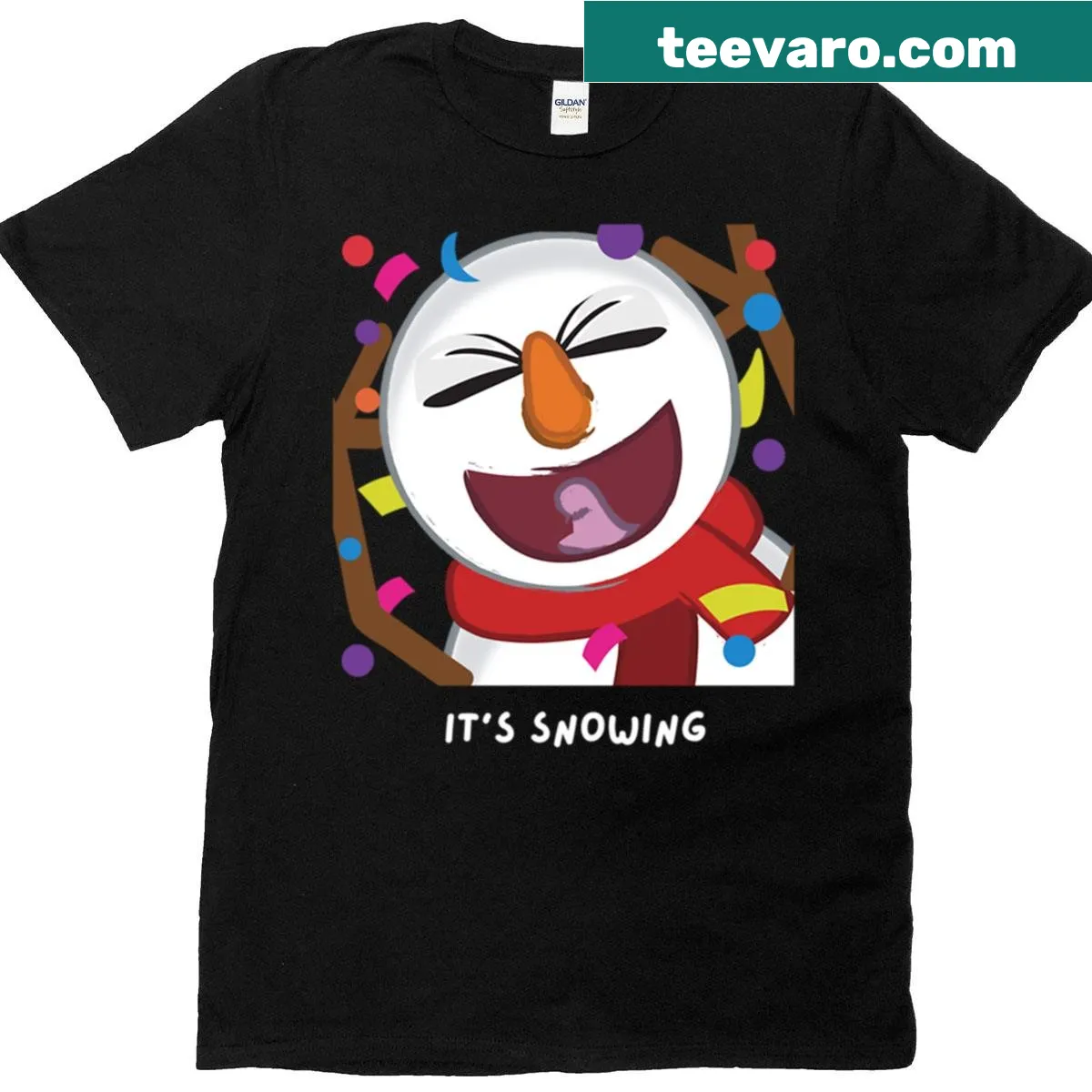 T-shirt featuring a whimsical snow-themed design. — on a men's t-shirt