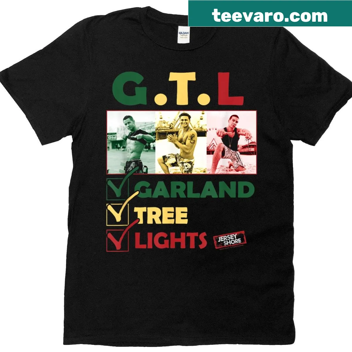 Christmas-themed graphic with garland and lights on a t-shirt — on a men's t-shirt